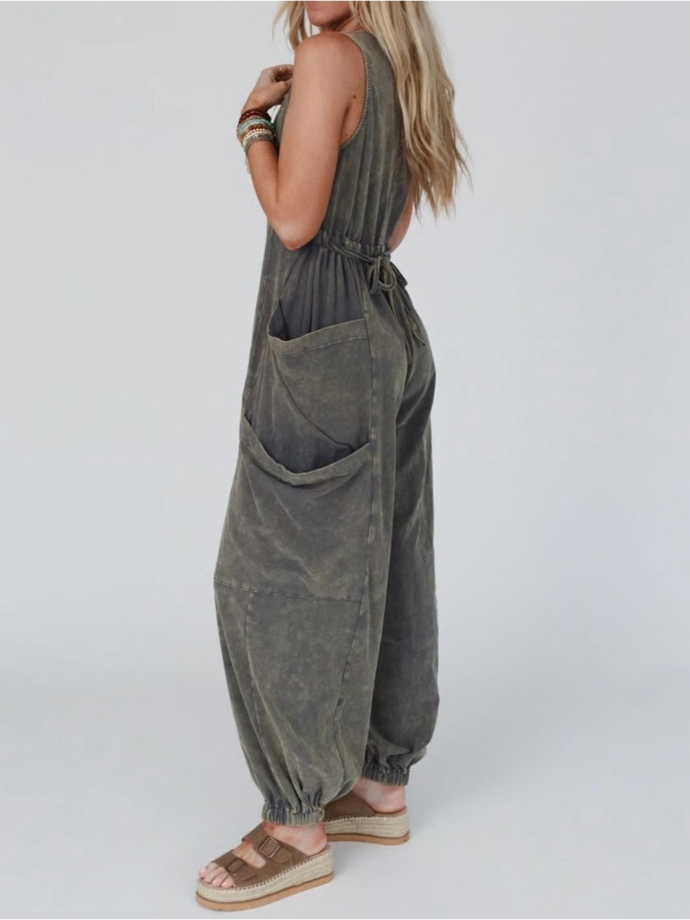 Three Bird Nest NEW Turning Point Washed Cargo Jumpsuit Ash Grey NWT L - Picture 3 of 11